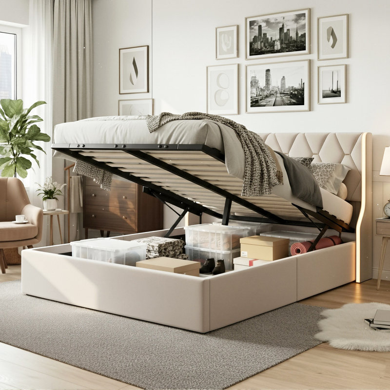 European Double (140X200cm) & King (160X200cm) Velvet Ottoman Bed,  Glam Wingback Storage Frame With LED Lights, Beige