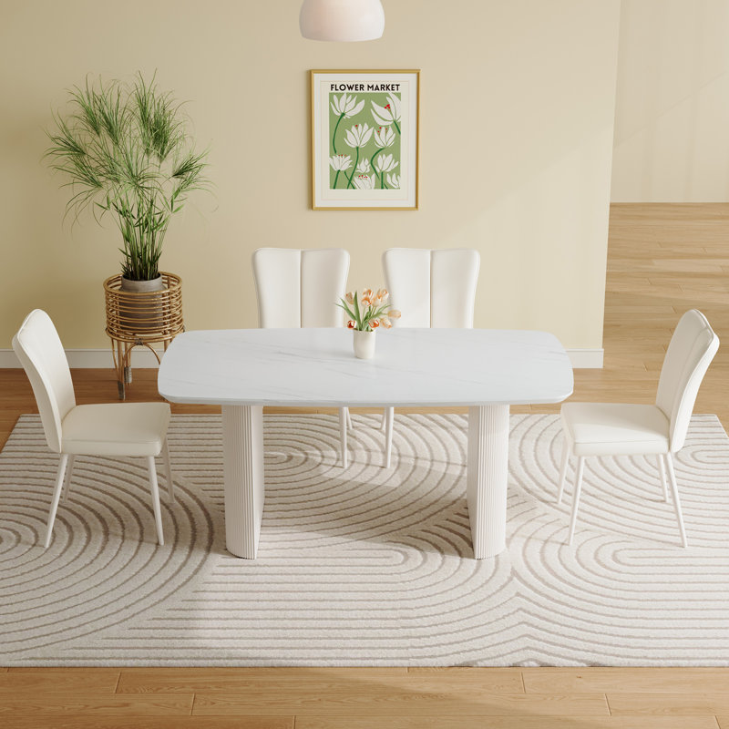 Rectangle Marble Top Double Pedestal Dining Table Set, 5