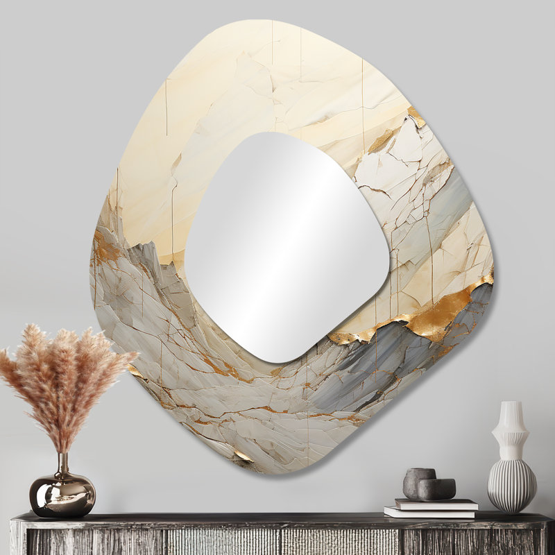 Ismay Beige And Gold Glacier Stone Simplicity IV - Abstract Shapes Irregular Shape Decorative Mirror, Modern Asymmetrical Wall Mirror, Printed Metal Art