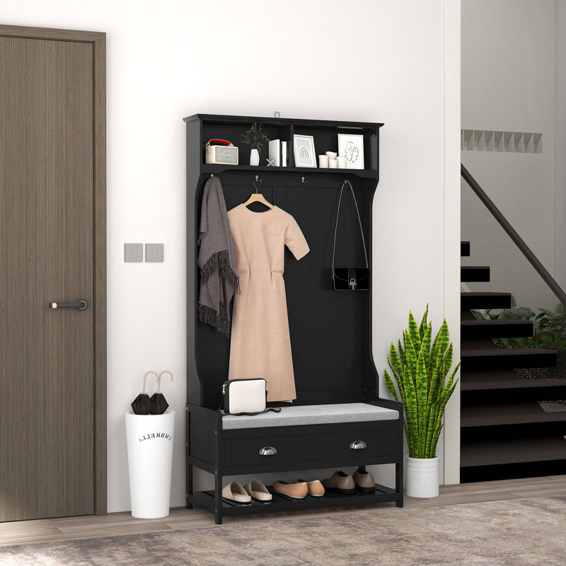 Versatile Hall Tree with Multiple Storage Options and Comfortable Seat for Entryway Organization, Black