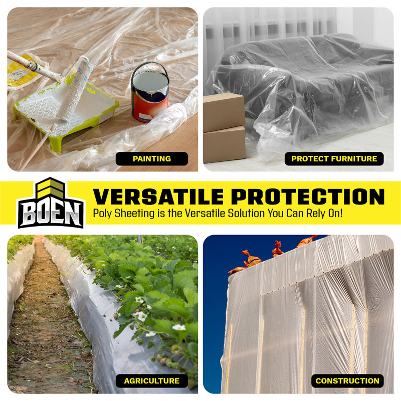 Boen Clear Plastic Sheeting 10 ft. x 100 ft., 6 Mil Heavy-Duty Waterproof Poly Film for Dust Containment, Crawl Spaces & Construction Use