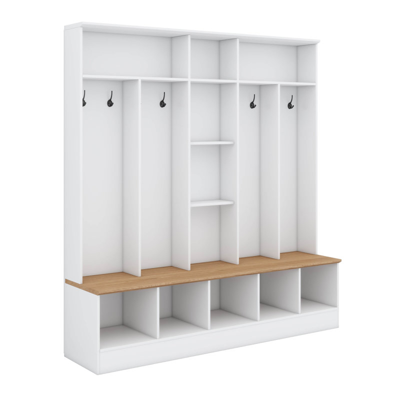 Multi-Functional Coat Rack With Metal Hooks, Shoe Cabinet With Storage Cubes And Shelves, White
