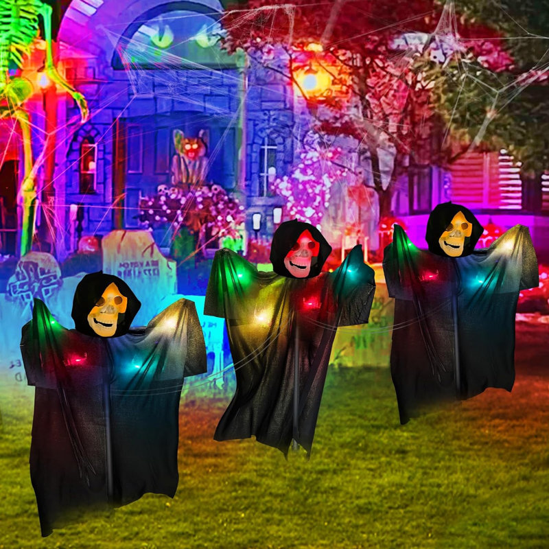 3 Piece Lighted Skeleton Ghost Garden Stake Set