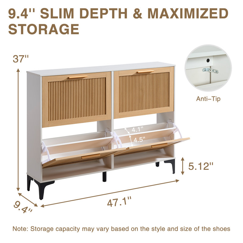 Fluted 4 Flip Drawers Shoe Storage Cabinet, White and Natural Oak, 1 Pcs, White/Natural Oak