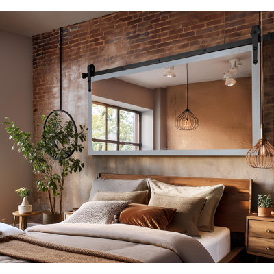 Gracie Oaks Ozark Hardwood Mirror With Steel Barn Door Rail