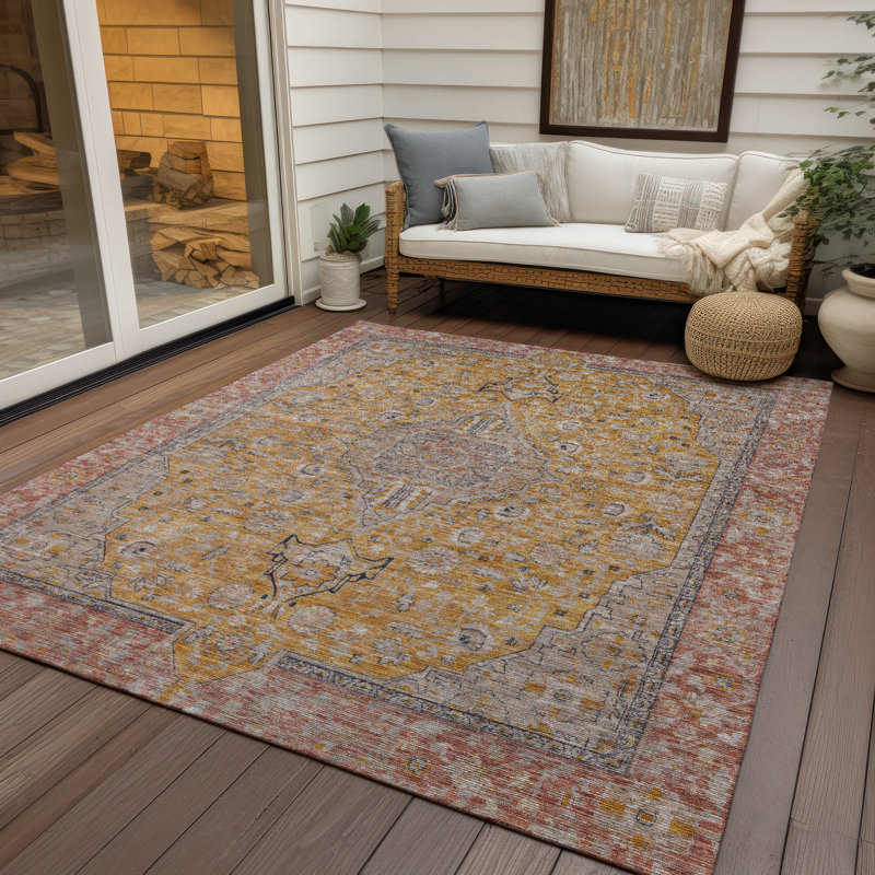 Machine Washable Indoor/Outdoor Claudian ACN1651 Gold Rug, Rectangle 10' x 14'