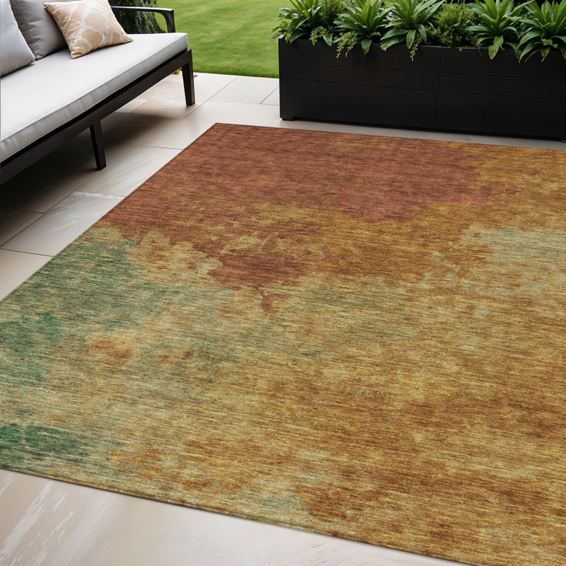 Tapis d'extérieur lavable abstrait 5 pi x 8 pi en cuivre et vert terre cuite
