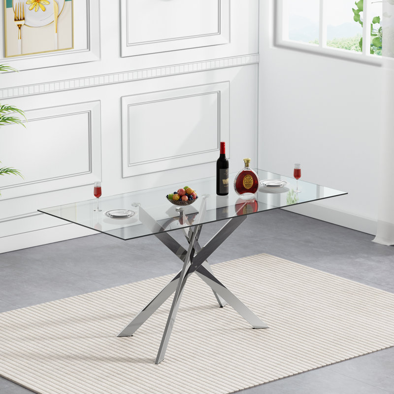 51" Rectangular Glass Dining Table for 4, Modern Kitchen Glass Top Table with Metal Legs, Clear Dining Table Kitchen Table for Home Office Dining Room