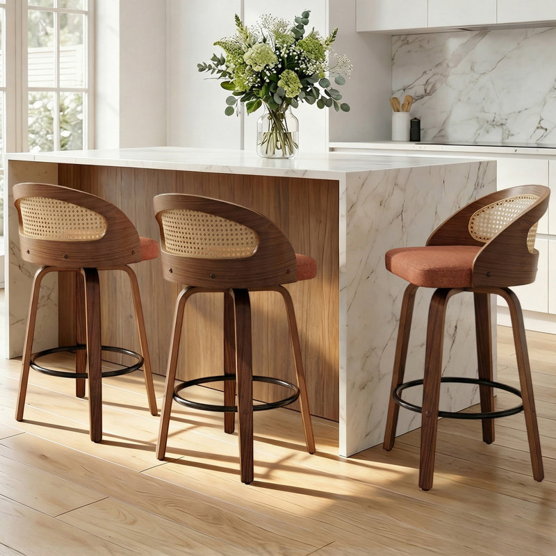 Swivel Upholstered Faux Leather Bar Stool with Solid Wood Frame, Orange Linen, Counter Stool (63.5cm Seat Height)