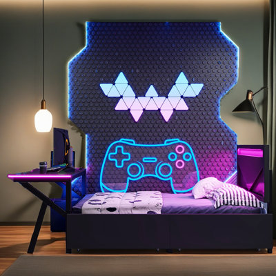 Lit plateforme en métal avec tête de lit à DEL, bureau à DEL, USB et deux tiroirs de rangement, noir