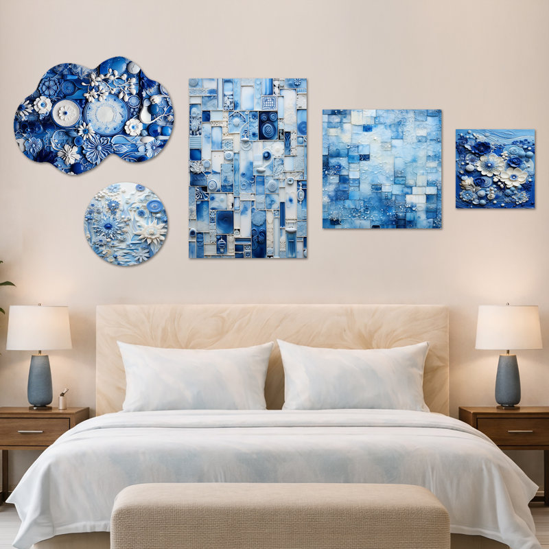 Carreaux botaniques bleus et blancs I - Boho, ensemble de 5 panneaux muraux et art mural en métal (100 po x 40 po)