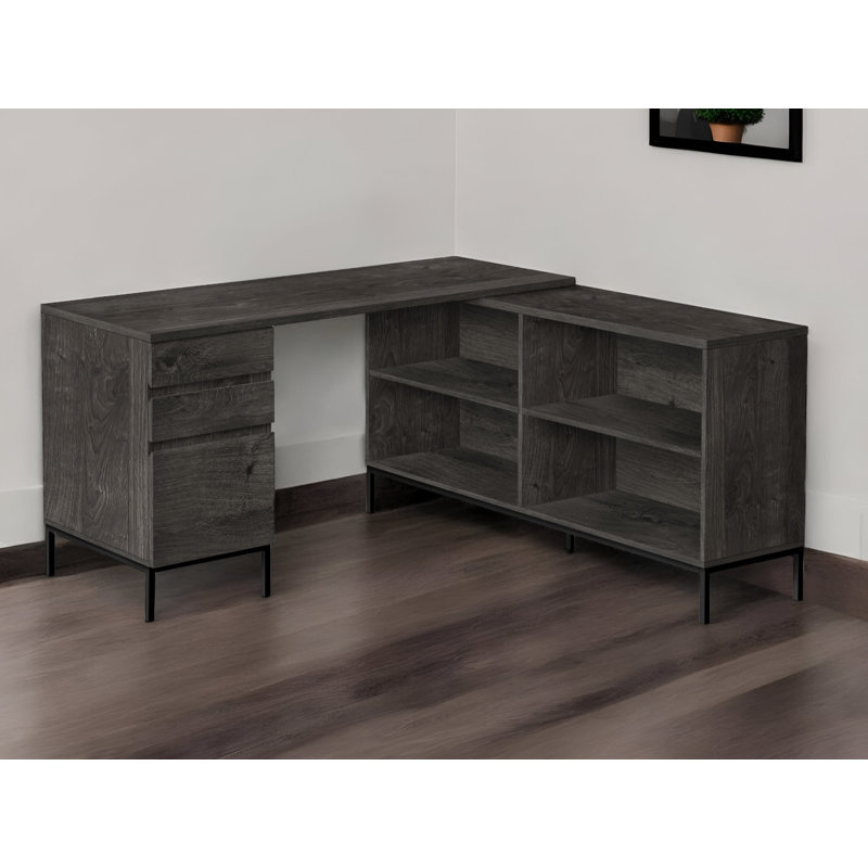 60" Gray and Black L Shape Computer Desk With Three Drawers