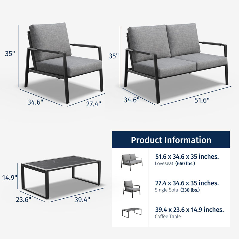 Gray and Black Metal Frame Patio Conversation Set with Cushions