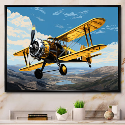 «Yellow Airoplane Over The Lake», reproduction d'art sur toile encadrée