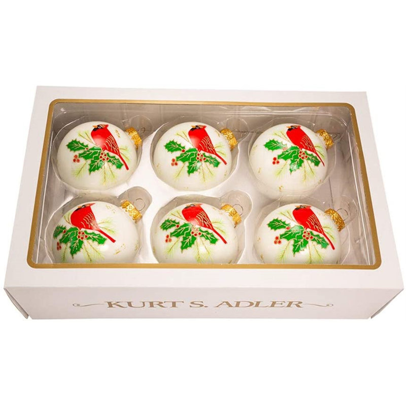 White Glass Ball Ornaments with Red Cardinal Design, Set of 6