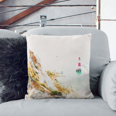 Lighthouse by the Coast Watercolour Cushion with Filling