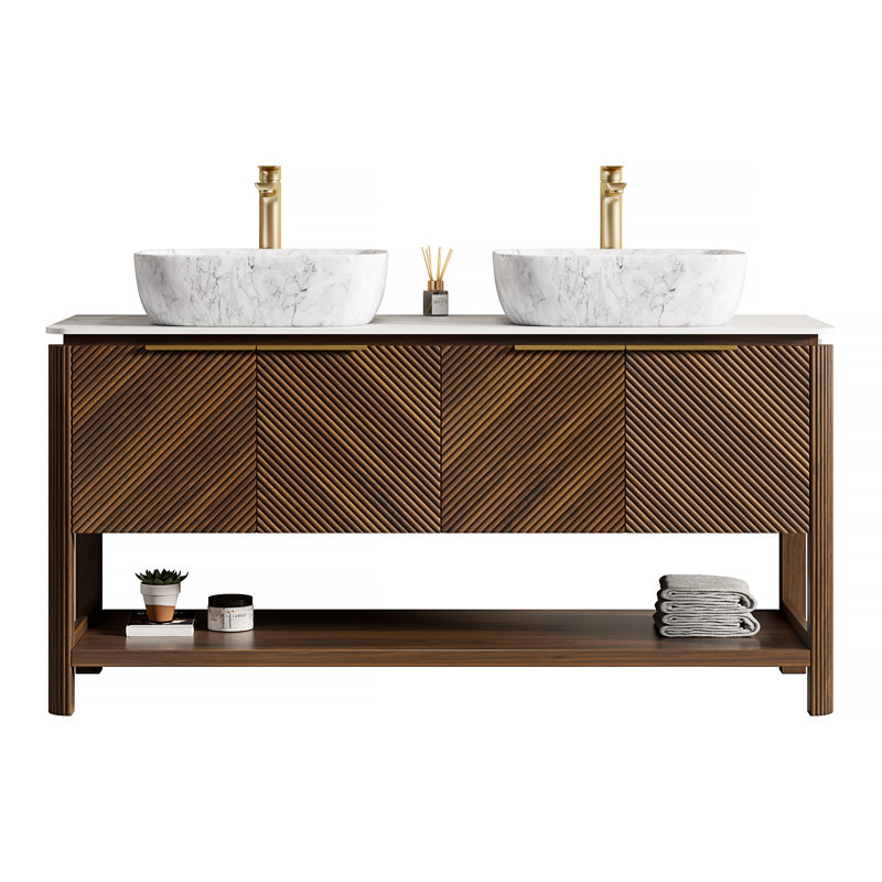 Meuble-lavabo de salle de bain 60 po Indigo, armoire de rangement autoportante en contreplaqué avec 4 portes rayées diagonales et tablette ouverte, 2 lavabos en marbre blanc Volakas et plateau en pierre frittée blanc de Carrare, grain de bois noyer foncé
