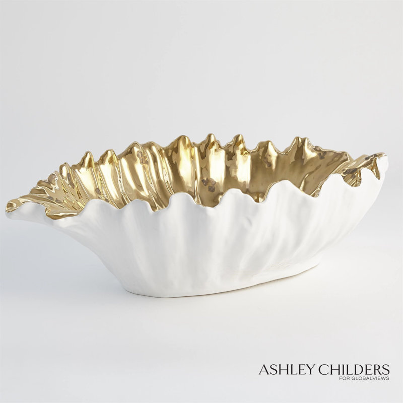 Organic Wave Oval Bowl-White-Lg, 6.25" H x 24" W x 14.25" D, White/Gold