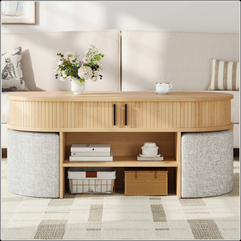 Ensemble de tables basses ovales avec rangement et 4 tabourets en tissu