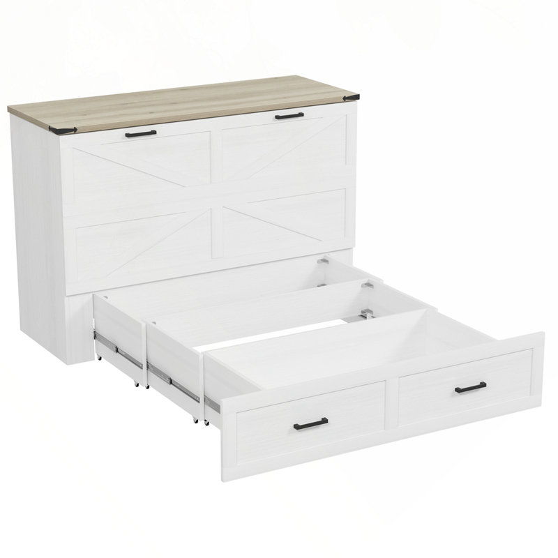 Armoire-lit escamotable Farmhouse à économie d'espace, grand lit plateforme pliable avec prise USB et tiroirs de rangement lisses pour petits appartements