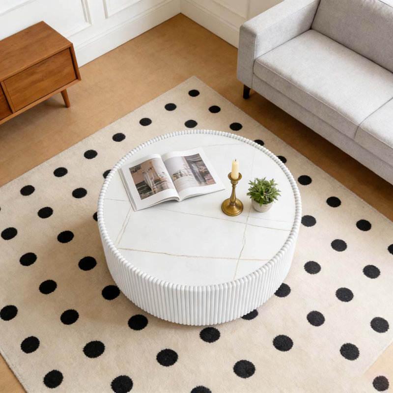 Table basse moderne en cuir fritté clair, Or, blanc laiteux