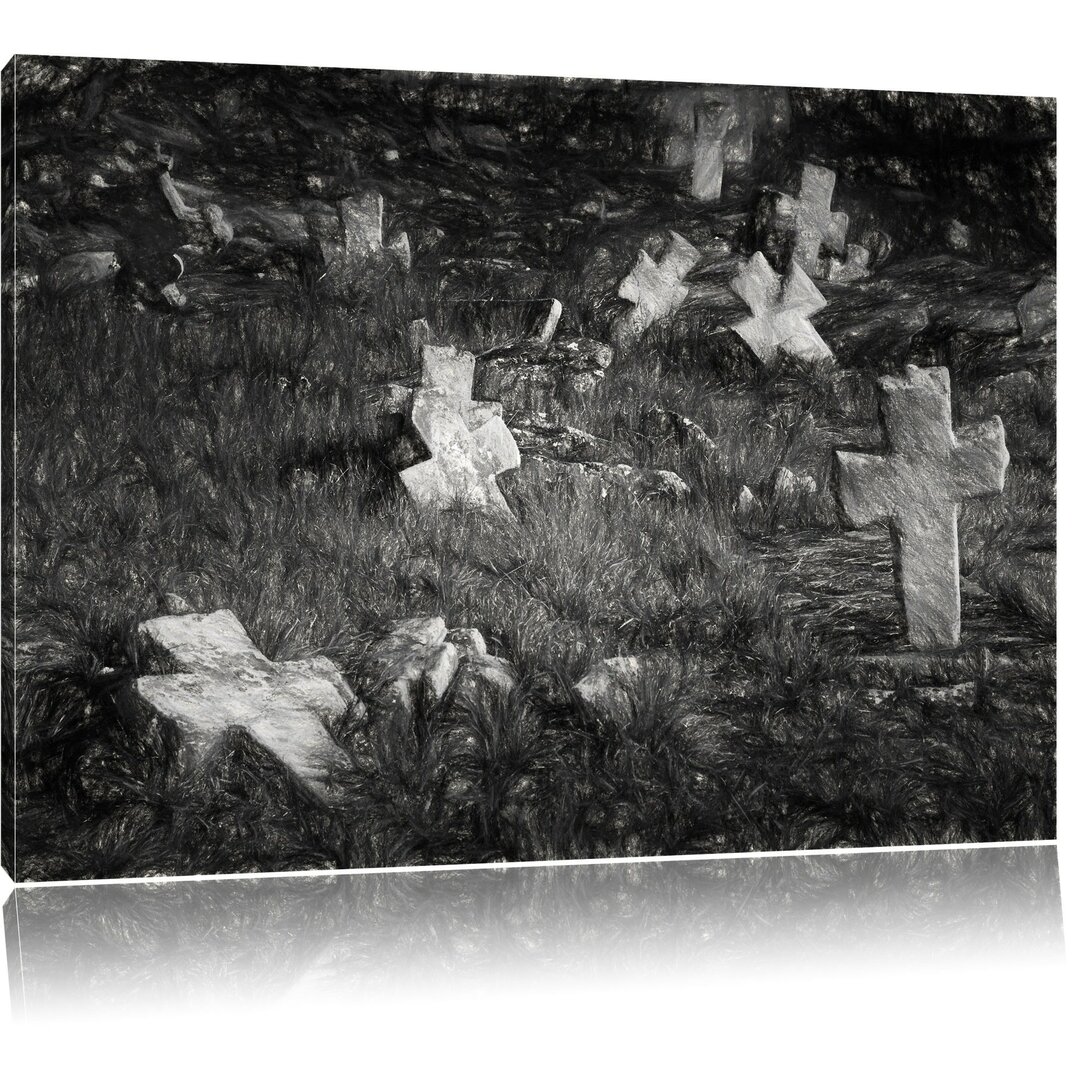 Leinwandbild Friedhof in Schwarz/Weiß