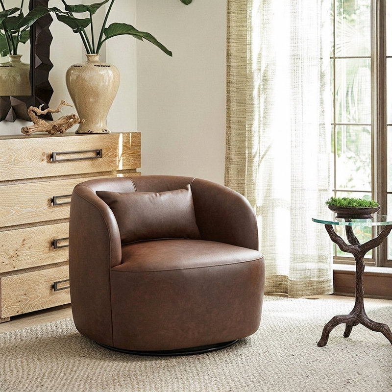 Jaydin 34" Wide Faux Leather Upholstered Swivel Armchair, Brown Performance Faux Leather