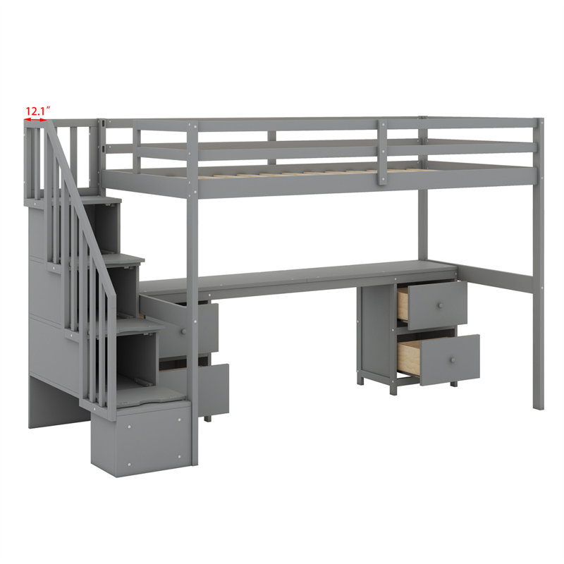 Loft Bed Frame With Built-In Desk And Double Storage Drawers, Gray