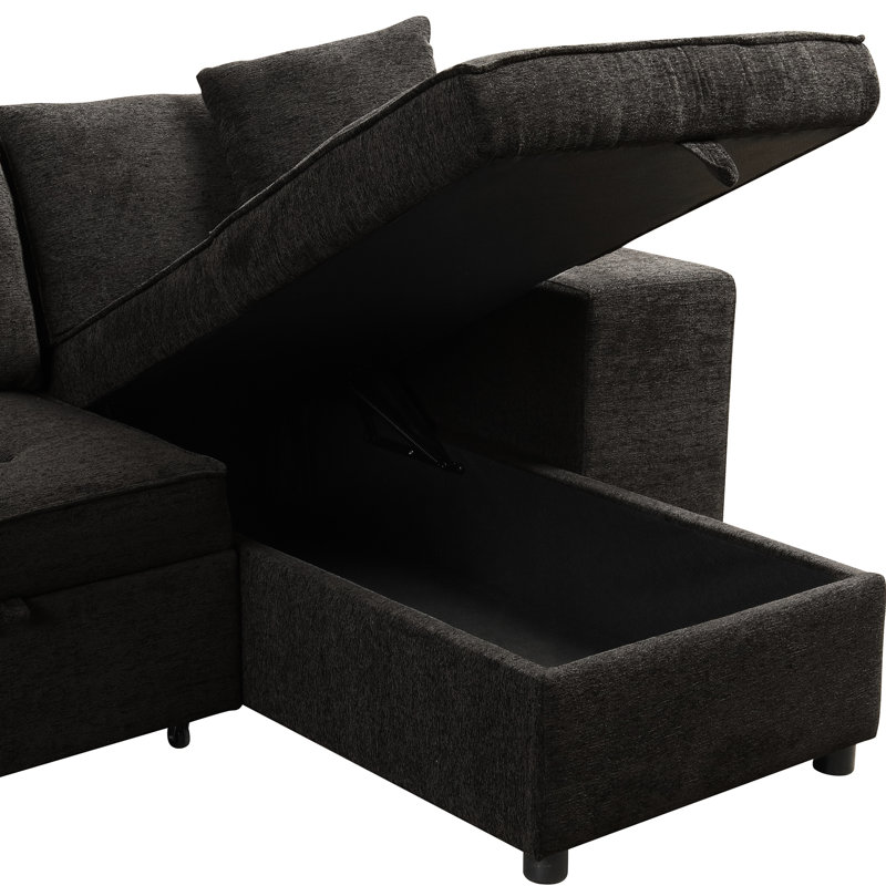 Canapé d'angle réversible moderne avec fonction couchage, méridienne de rangement et 2 poufs, gris anthracite, forme en L, rangement, design