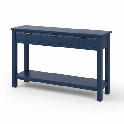 Console de style moderne avec 3 tiroirs spacieux, façades distinctives en nid d'abeille, pieds robustes en bois massif, plateau de table très large et tablette inférieure ouverte, mobilier de rangement multifonctionnel