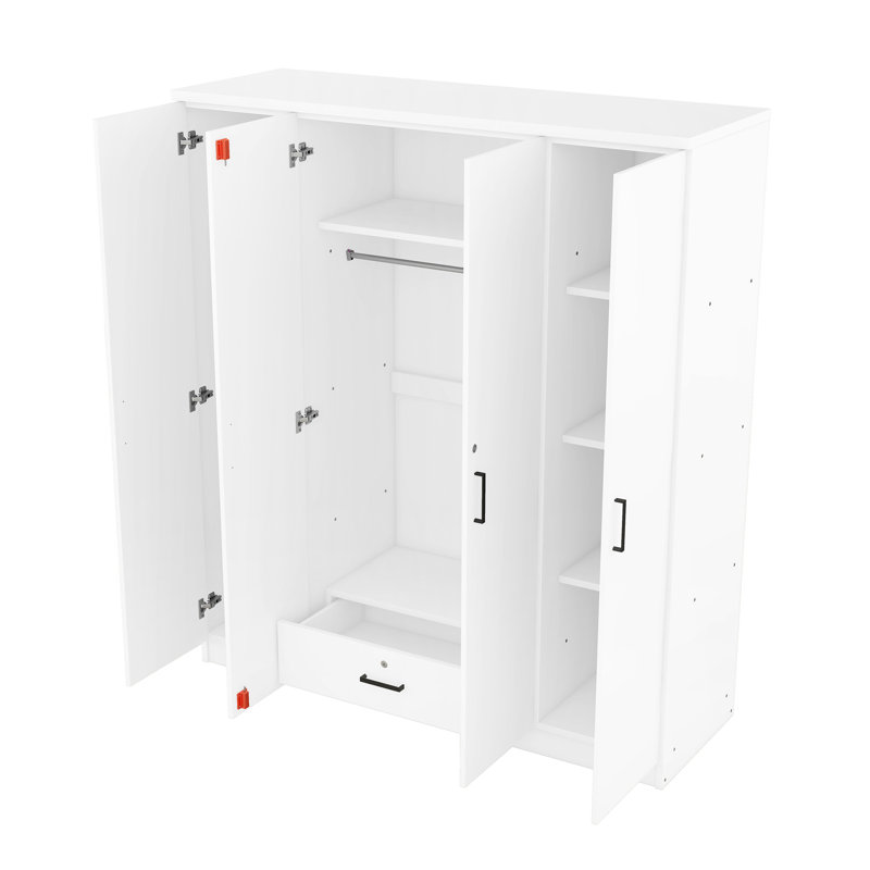 Garde-robe blanche à 4 portes avec 1 tiroir - Créez une belle chambre à coucher verrouillable moderne pour