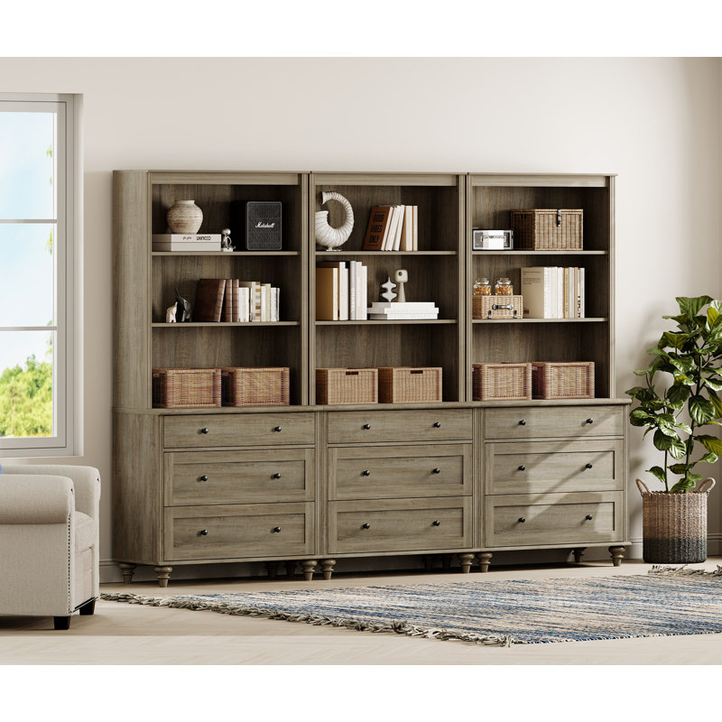 Bibliothèque Corretta 183 cm (H) x 258 cm (L) avec 3 tiroirs (lot de 2), bibliothèque haute avec 3 étagères ouvertes, grande bibliothèque en bois de style ferme pour salon, chambre, bureau ou cuisine.