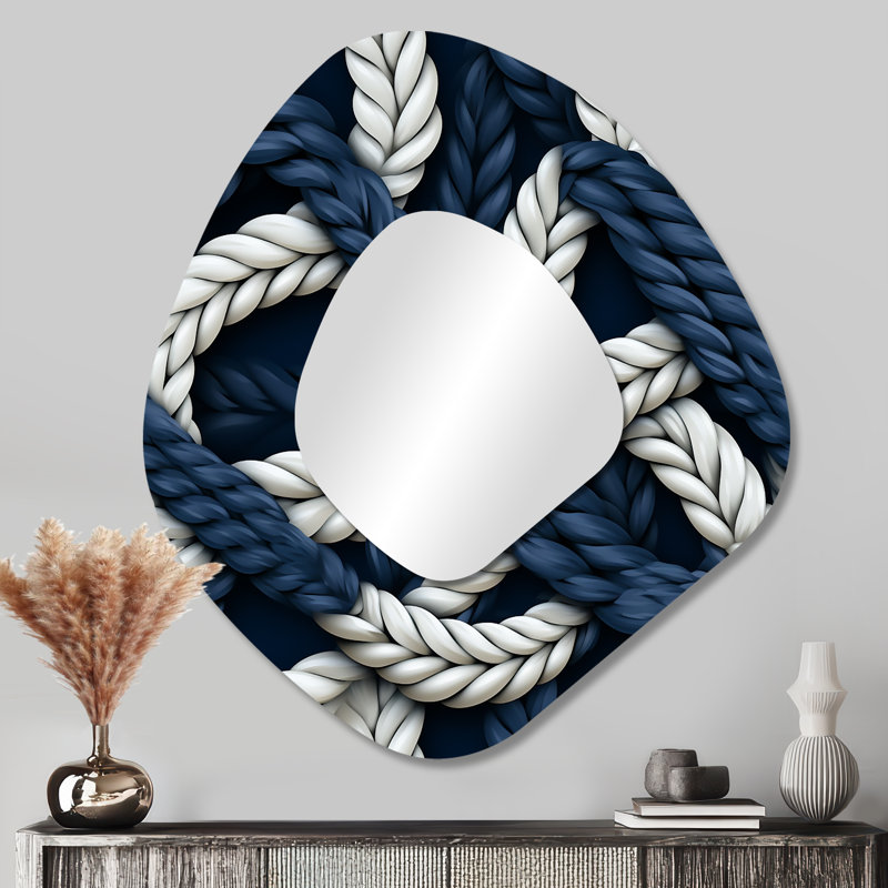 Coastal Rope Motifs - Blanc et bleu - Miroir mural décoratif nautique, 35 po x 31 po