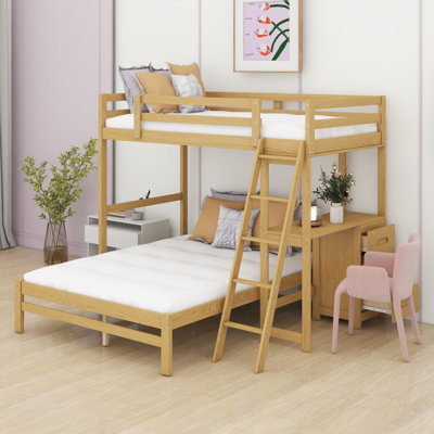 Twin Over Full Size Bunk Bed With Desk And 3 Storage Drawers, Solid Wood Bunk Bed Frame For Kids Teens Adults