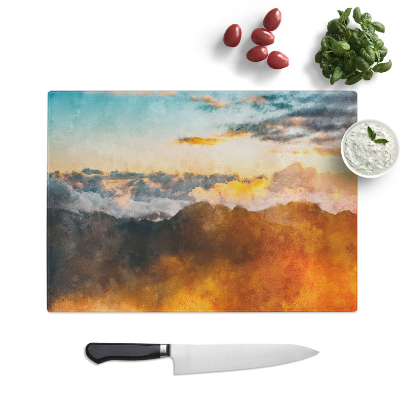 Tempered Glass Orange Clouds Above the Mountains Chopping Board, 20 cm x 28.5 cm