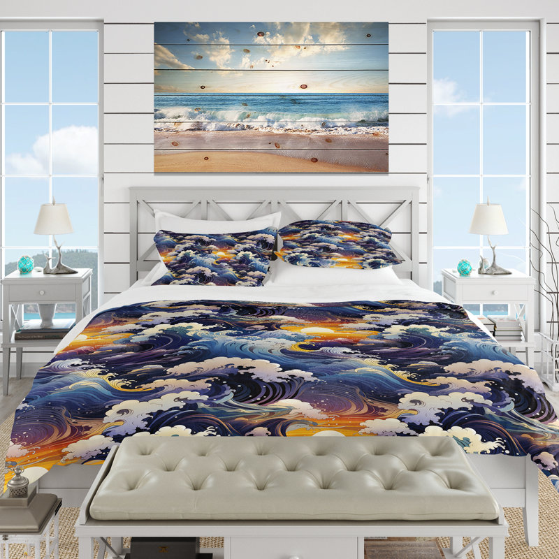 Ensemble de housse de couette mauve Hokusai Waves, Housse de couette pour très grand lit et 2 très