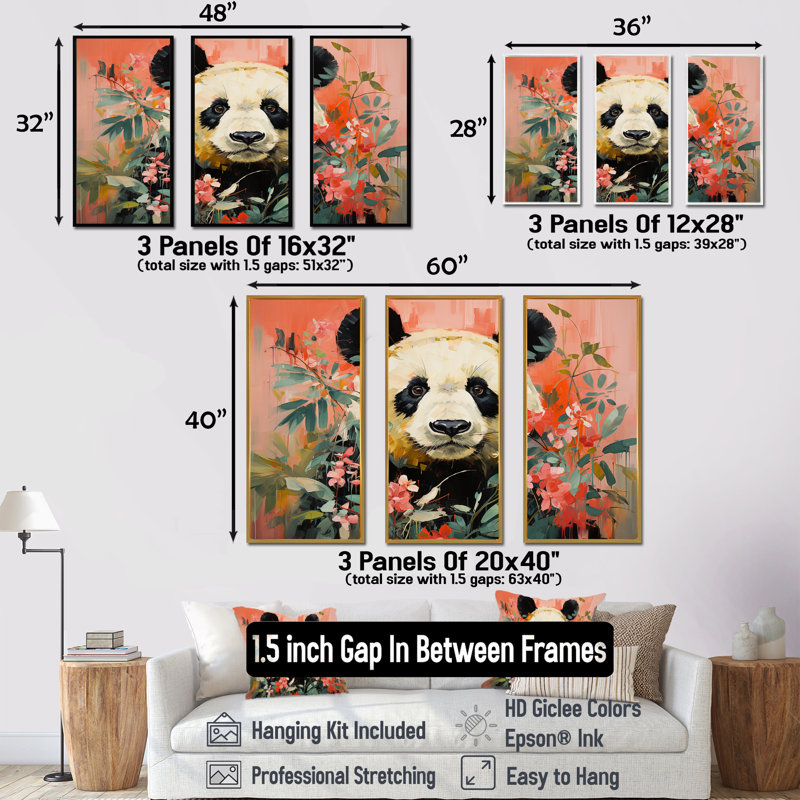Panda blanc et rose en fleurs IV - art mural animal panda, Cadre flottant doré, H 28 po x l 36 po