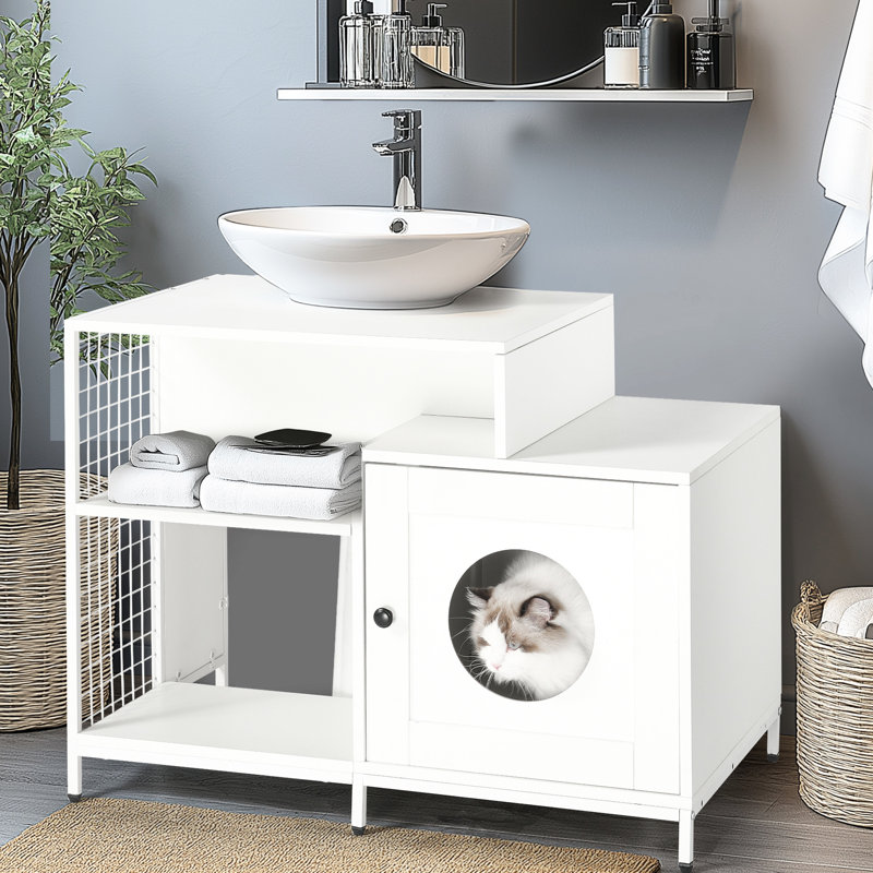 Armoire à litière pour chat blanc pour salle de bain, grand abri avec espace de rangement, sous le lavabo, salle de bain en panneau de particules P2 blanc, espace, convient au lavabo, design
