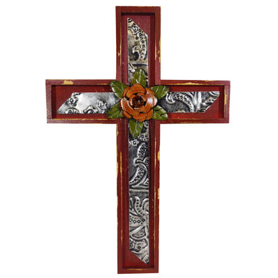 Inlay Metal Leaves on Wood Hanging Wall Cross