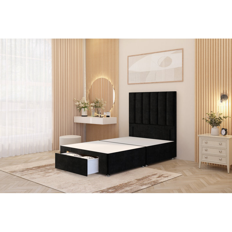 Asterin Divan Bed Base with 54" Floor Standing Headboard Plush Velvet, Black, Small Double (4'), 1 Foot-end Drawers