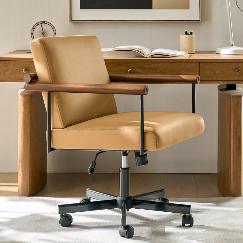 Avelina Rafael Modern Industrial PU Leather Upholstered Swivel Tilt Task Office Chair with Solid Wood Armrest, Camel