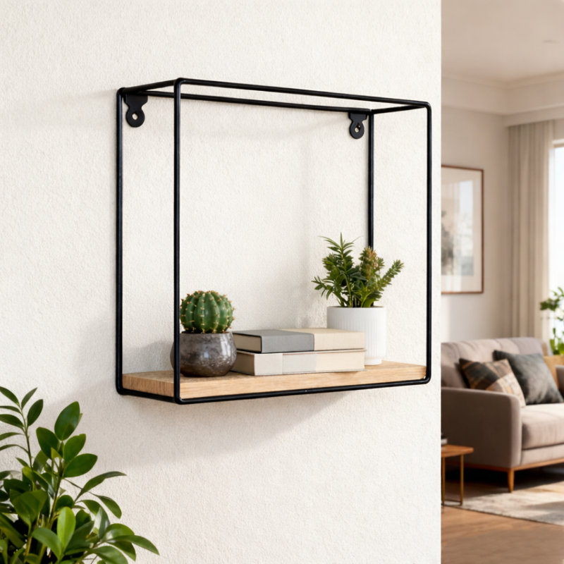 Tablette murale flottante Zynix | Bois et métal, Carrée