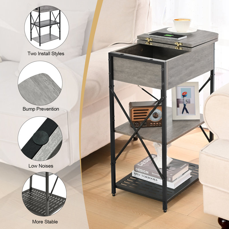 Gray Flip Top End Tables with Charging Station and Storage
