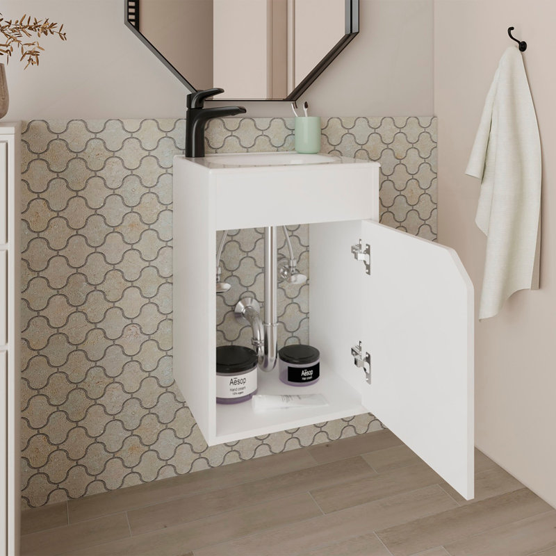 Meuble-lavabo flottant avec porte Nelson, blanc, Blanc