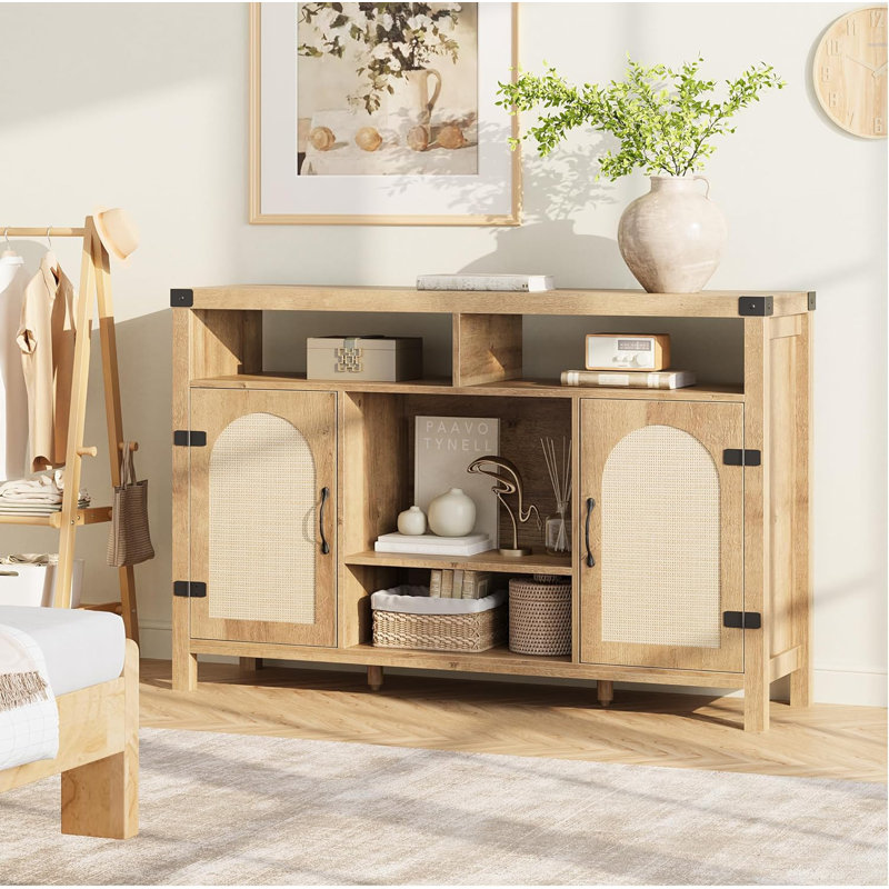 Coffee Bar Cabinet, 59.1" Rattan Farmhouse Liquor Cabinet with Wine Racks, Boho Sideboard Buffet Cabinet with Storage, Credenza Console Table for Home Living Dining Room Entryway