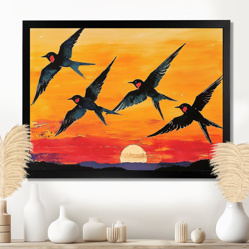 Swallows at Sunset - oiseau, art mural, Cadre simple, Noir, H 12 po x l 20 po