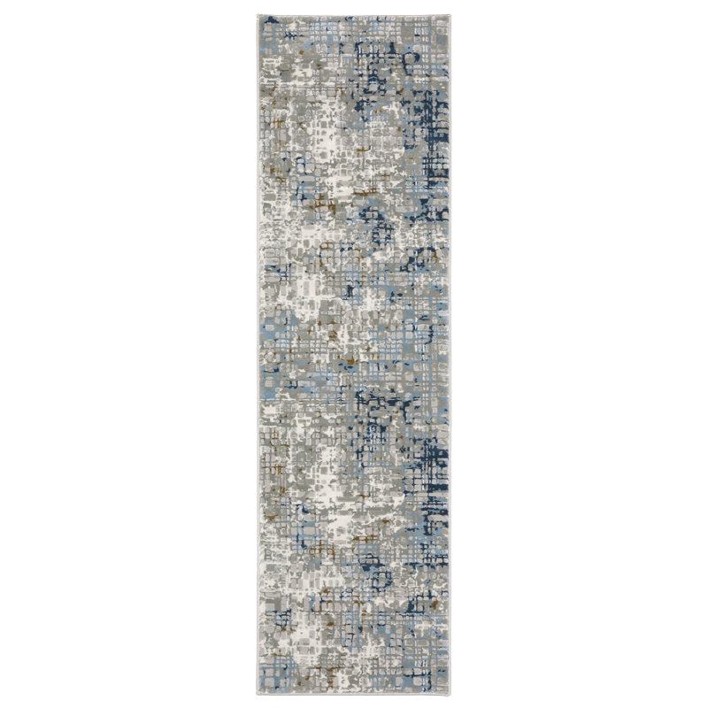 Tapis gris / bleu clair à motif abstrait tissé à la machine 8 pi x 11 pi, Tapis de couloir 2 pi 3 po x 7 pi 6 po