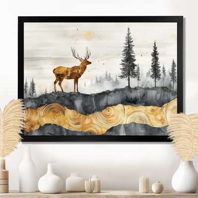 «Golden Deer Landscape Grace In The Forest III - Deer», art mural