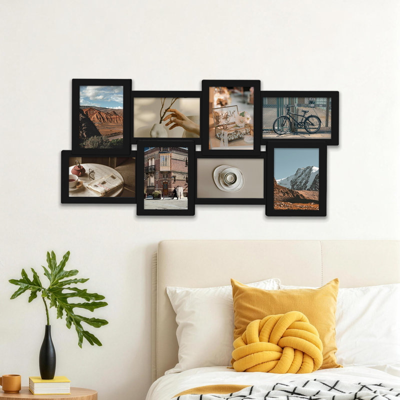 Asymmetrical Staggered 8 Opening Collage Frame, Matte Black Finish, Black