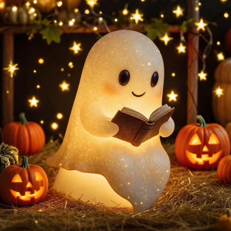 Veilleuse fantôme mignon lisant un livre, lampe figurine fantôme en résine, lampe décorative d'Halloween à lumière chaude pour chambre, bibliothèque, foyer et table de fête, cadeau d'Halloween